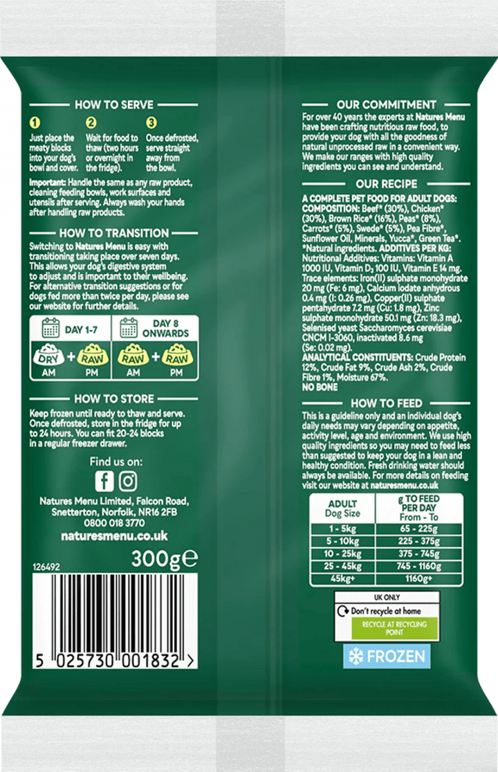 Natures Menu 60/40 Beef and Chicken with Vegetables and Brown Rice Block 300g