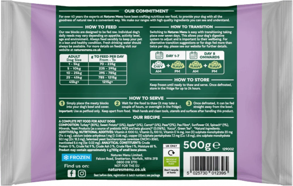 Natures Menu Complete & Balanced Raw Turkey For Adult Dogs 500g