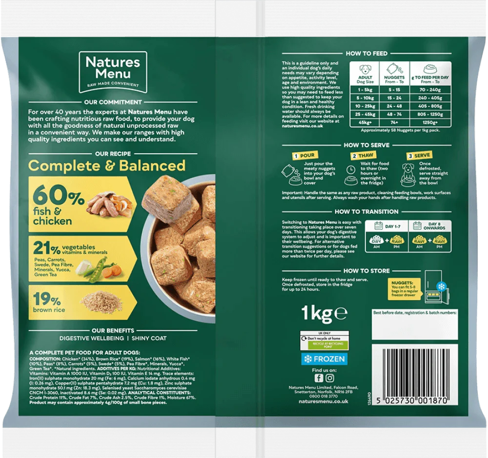 Natures Menu 60/40 Fish and Chicken, Vegetables and Brown Rice 1KG For Adult Dogs - Ormskirk Pets