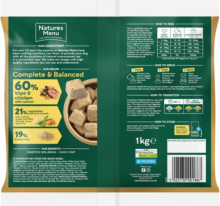 Natures Menu 60/40 Tripe and Chicken with Salmon, Vegetables and Brown Rice 1KG For Adult Dogs - Ormskirk Pets