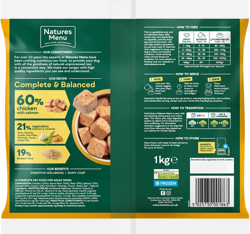 Natures Menu 60/40 Chicken Nuggets with Salmon, Vegetables and Brown Rice 1kg - Ormskirk Pets