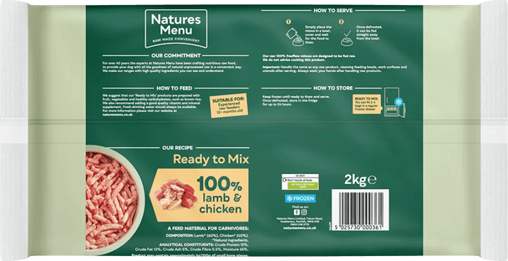 Natures Menu 100% Lamb and Chicken Freeflow Mince for Adult Dogs 2kg - Ormskirk Pets