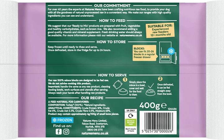 Natures Menu Just 100% Turkey Mince 400g - Ormskirk Pets