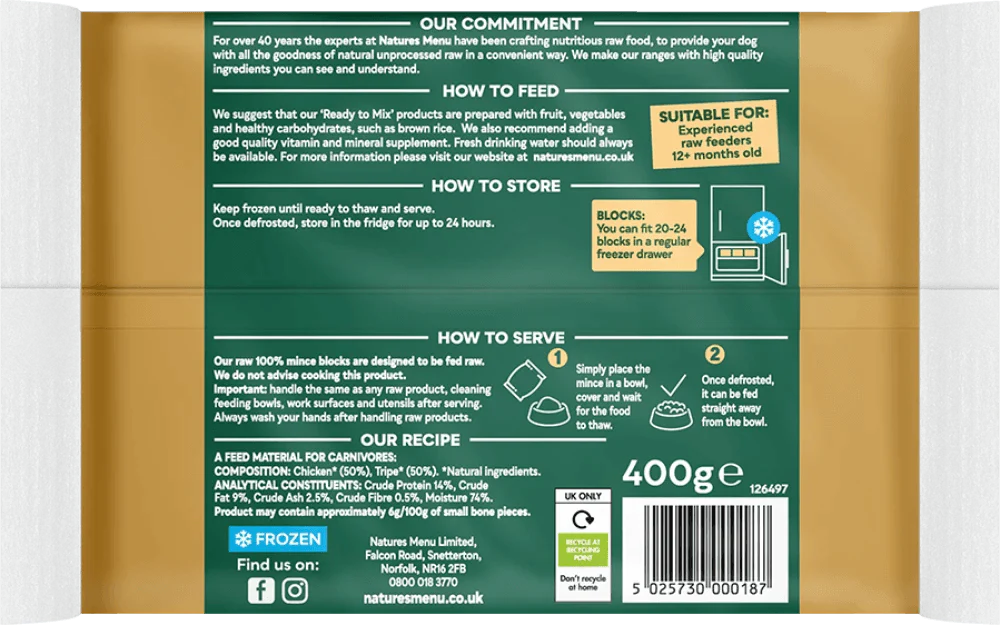Natures Menu Just 100% Chicken and Tripe Mince 400g - Ormskirk Pets