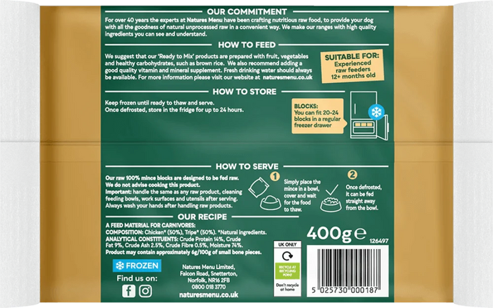 Natures Menu Just 100% Chicken and Tripe Mince 400g - Ormskirk Pets