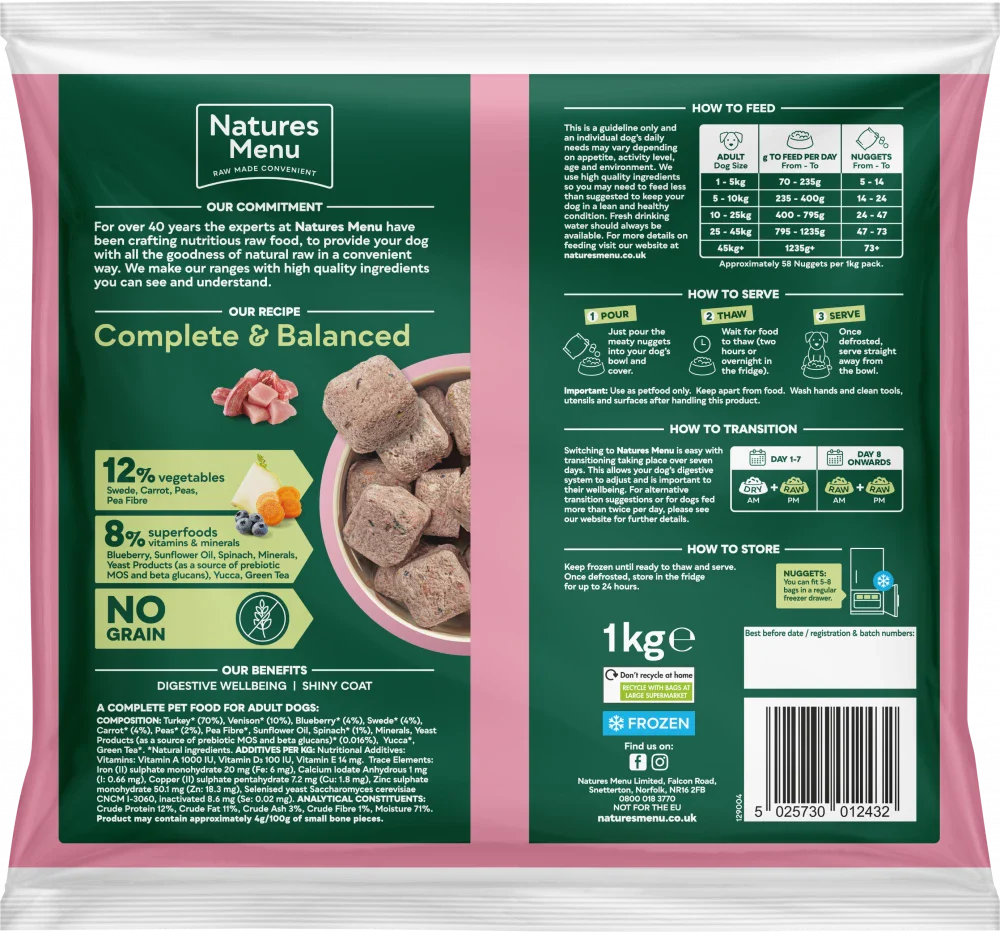 Natures Menu Complete & Balanced Raw Turkey with Venison For Adult Dogs 1kg