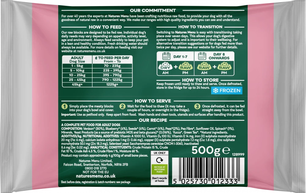 Natures Menu Complete & Balanced Raw Venison For Adult Dogs 500g