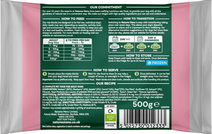Natures Menu Complete & Balanced Raw Venison For Adult Dogs 500g