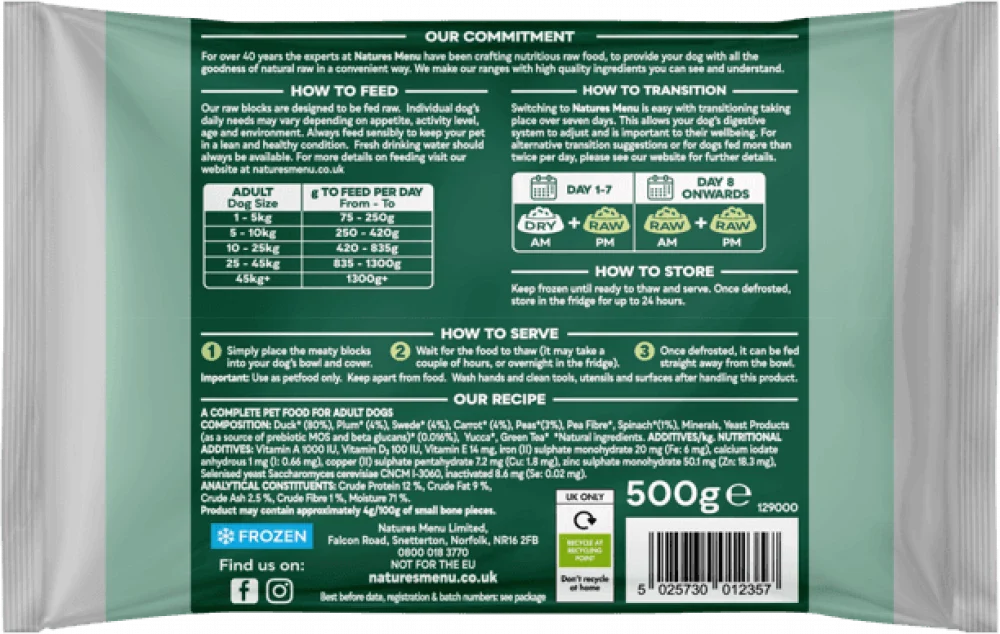 Natures Menu Complete & Balanced Raw Duck For Adult Dogs 500g