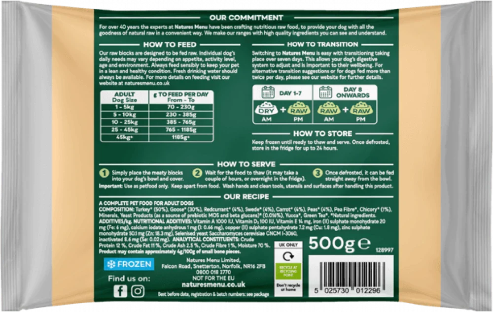 Natures Menu Complete & Balanced Raw Goose & Turkey For Adult Dogs 500g