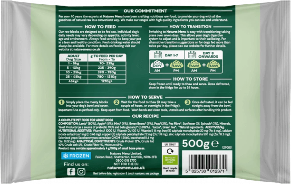 Natures Menu Complete & Balanced Raw Lamb For Adult Dogs 500g