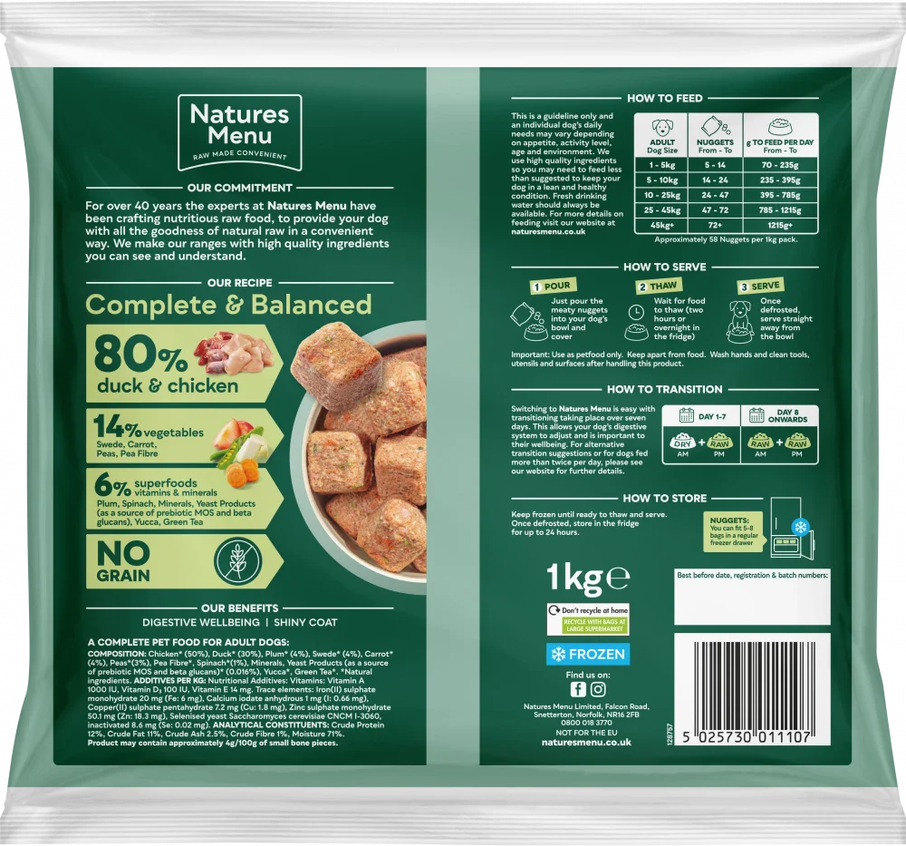 Natures Menu 80/20 Complete and Balanced Duck and Chicken Raw Nuggets 1kg
