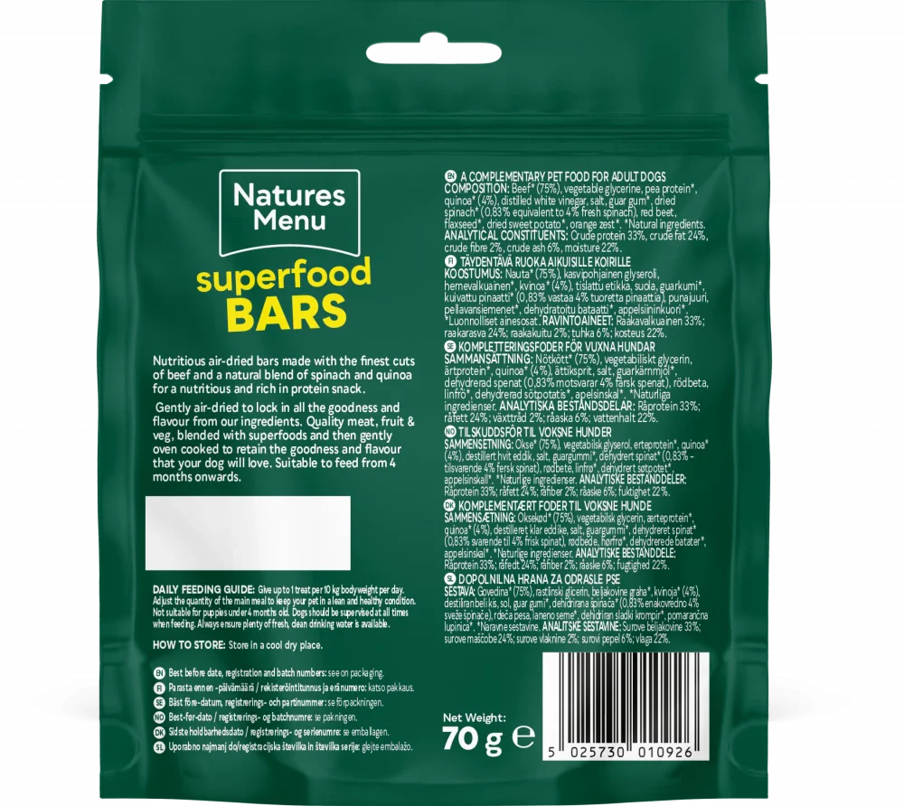 Country Hunter Superfood Bars Dog Treat Beef With Spinach And Quinoa 70G