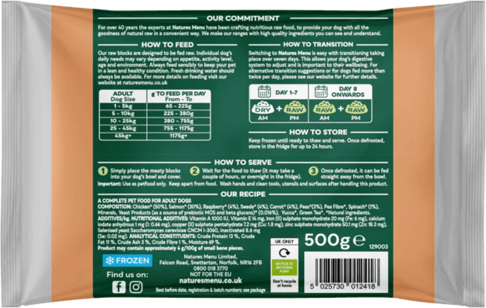 Natures Menu Complete & Balanced Raw Salmon & Chicken For Adult Dogs 500g