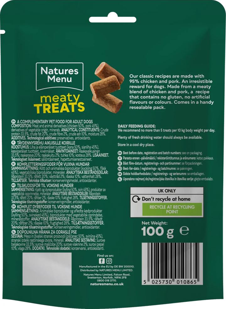 Natures Menu Treats For Adult Dogs Chicken And Pork Meaty Treats 100G