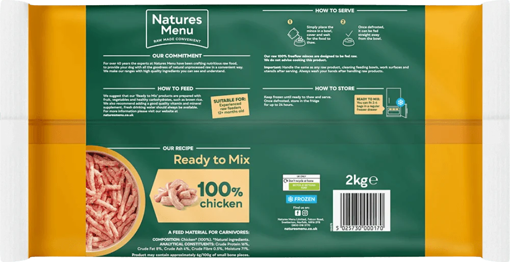 Natures Menu 100% Chicken Freeflow Mince for Adult Dogs 2kg - Ormskirk Pets