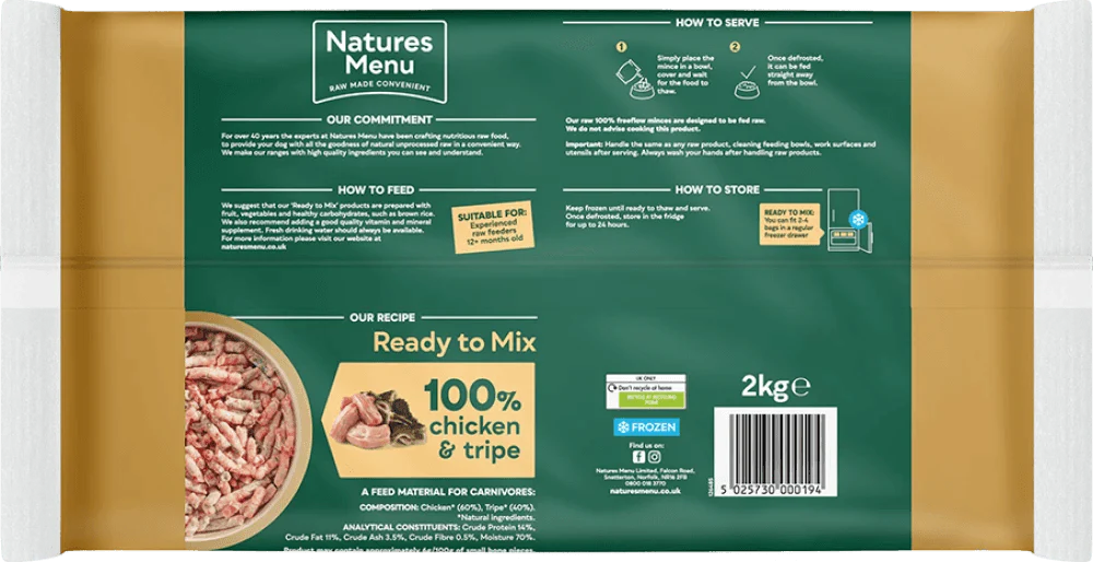 Natures Menu 100% Chicken and Tripe Freeflow Mince for Adult Dogs 2kg - Ormskirk Pets