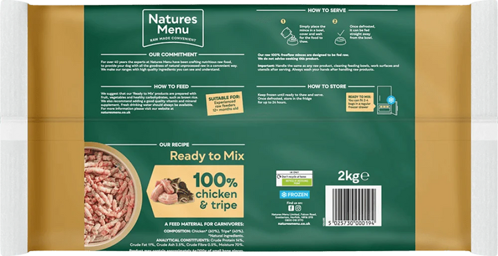 Natures Menu 100% Chicken and Tripe Freeflow Mince for Adult Dogs 2kg - Ormskirk Pets