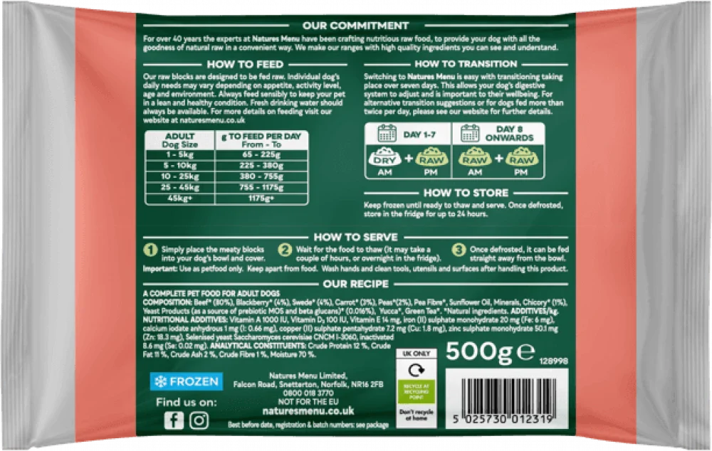 Natures Menu Complete & Balanced Raw Beef For Adult Dogs 500g