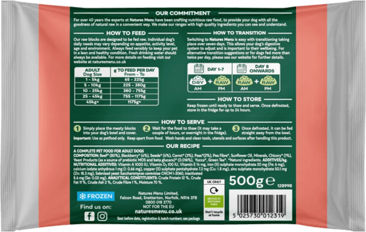Natures Menu Complete & Balanced Raw Beef For Adult Dogs 500g