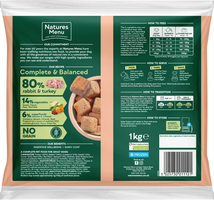 Natures Menu Complete & Balanced Raw  80/20 Rabbit & Turkey with Superfoods 1kg FROZEN