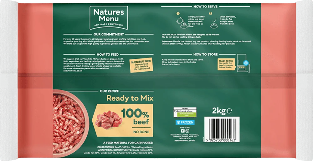 Natures Menu 100% Beef Freeflow Mince for Adult Dogs 2kg - Ormskirk Pets