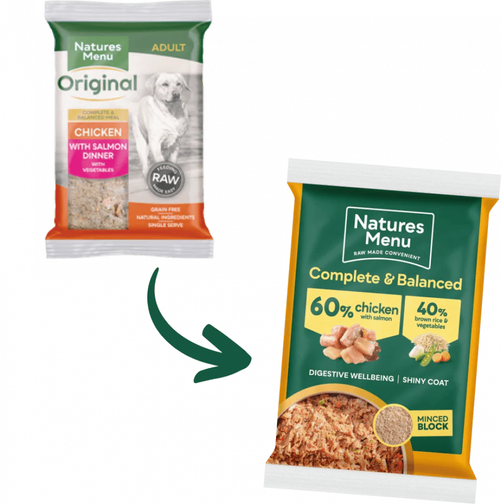 Natures Menu 60/40 Chicken with Salmon, Vegetables and Brown Rice Block 300g