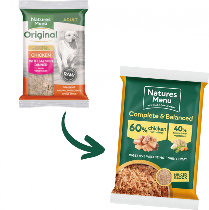 Natures Menu 60/40 Chicken with Salmon, Vegetables and Brown Rice Block 300g