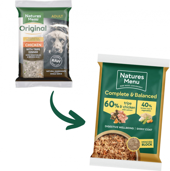 Natures Menu 60/40 Tripe and Chicken with Salmon, Vegetables and Brown Rice Block 300g