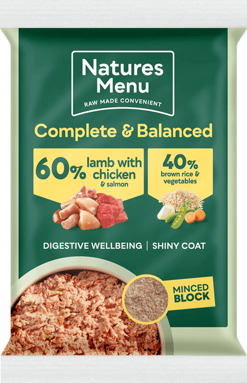 Natures Menu 60/40 Lamb with Chicken, Salmon, Vegetables and Brown Rice Block 300g