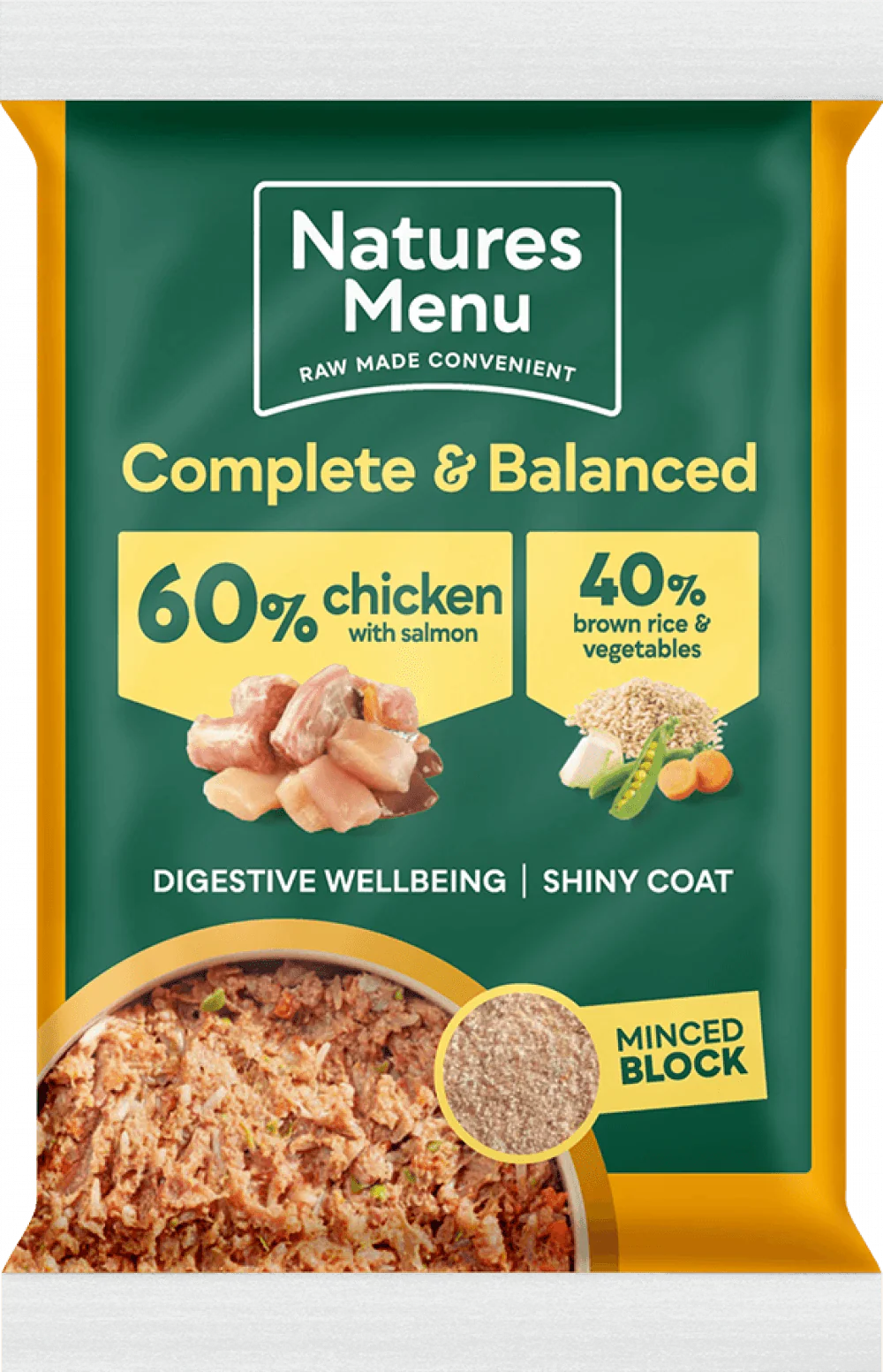 Natures Menu 60/40 Chicken with Salmon, Vegetables and Brown Rice Block 300g