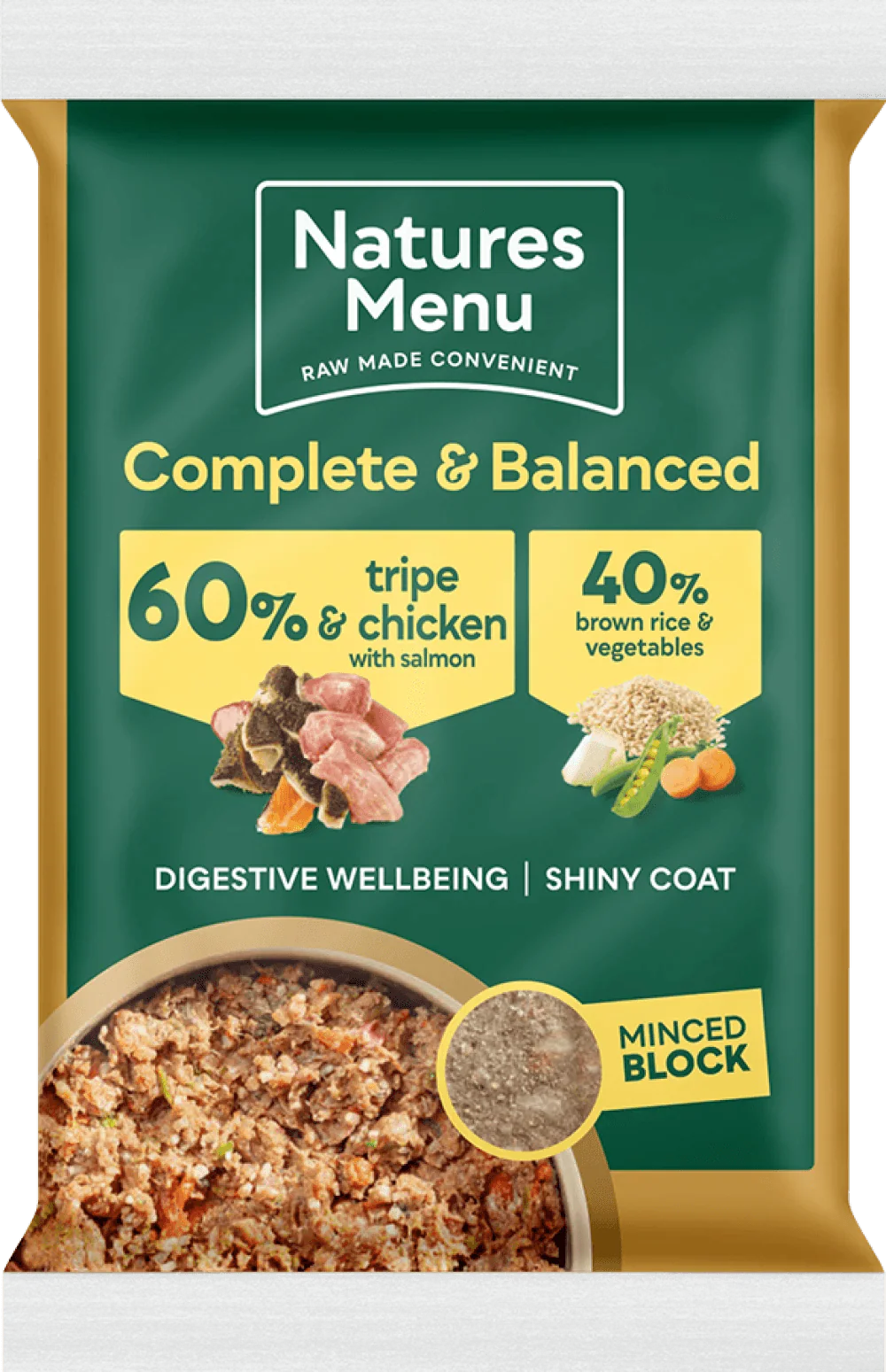 Natures Menu 60/40 Tripe and Chicken with Salmon, Vegetables and Brown Rice Block 300g