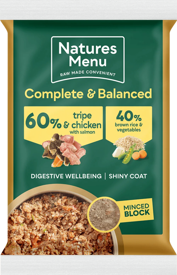 Natures Menu 60/40 Tripe and Chicken with Salmon, Vegetables and Brown Rice Block 300g
