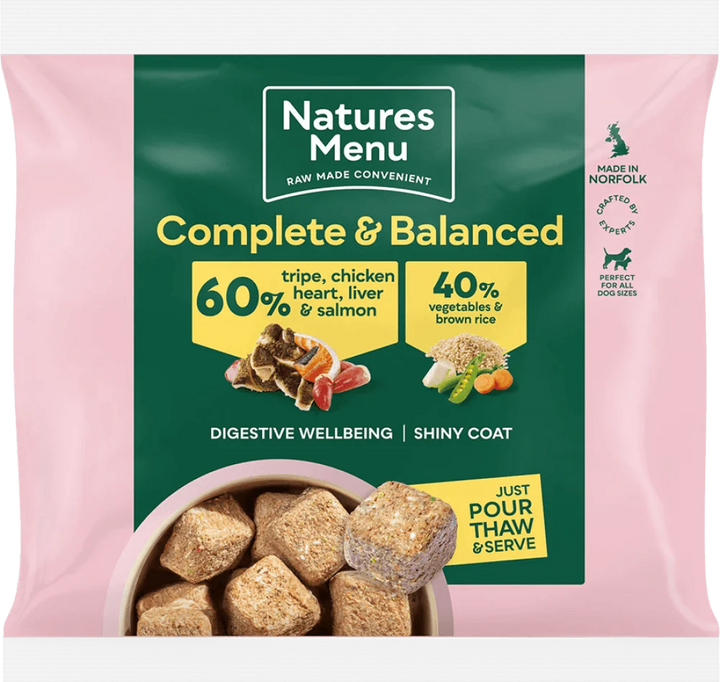 Natures Menu 60/40 Tripe, Chicken Heart, Liver, Salmon, Vegetables and Brown Rice 1KG For Adult Dogs - Ormskirk Pets